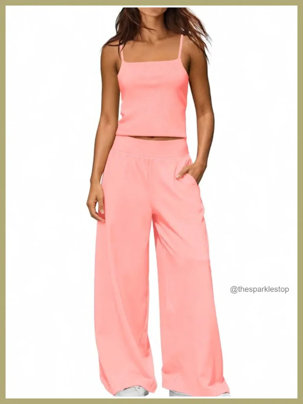 Women's 2 Piece Lounge Set Padded Tank Wide Leg Pants Ribbed Knit